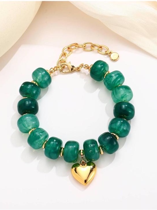 Anthropologie Green Beaded Bracelet With Gold Heart Charm